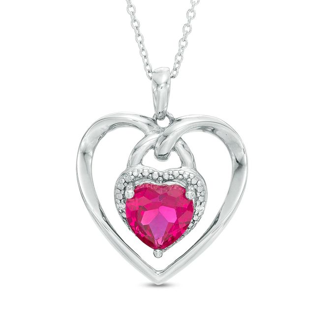 7.0mm Lab-Created Ruby and White Sapphire Heart with Lock Pendant in Sterling Silver|Peoples Jewellers