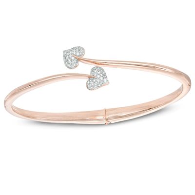 Lab-Created White Sapphire Double Heart Hinged Bangle in Sterling Silver with 18K Rose Gold Plate|Peoples Jewellers