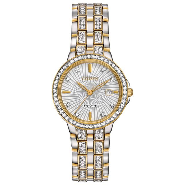 Ladies' Citizen Eco-Drive® Silhouette Crystal Two-Tone Watch with White Dial (Model: EW2344-57A)