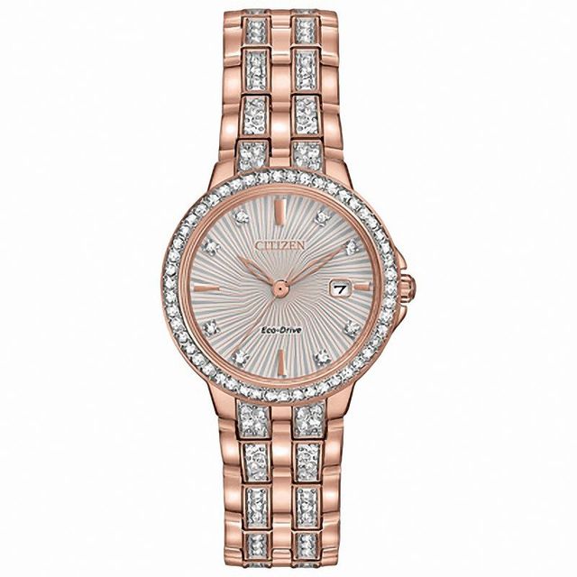 Ladies' Citizen Eco-Drive® Silhouette Crystal Rose-Tone Watch With Silver-Tone Dial (Model: EW2348-56A)|Peoples Jewellers