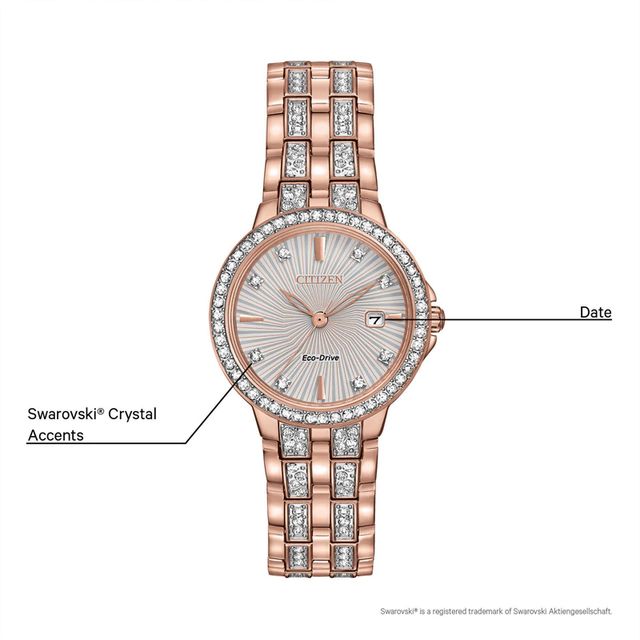 Ladies' Citizen Eco-Drive® Silhouette Crystal Rose-Tone Watch With Silver-Tone Dial (Model: EW2348-56A)|Peoples Jewellers