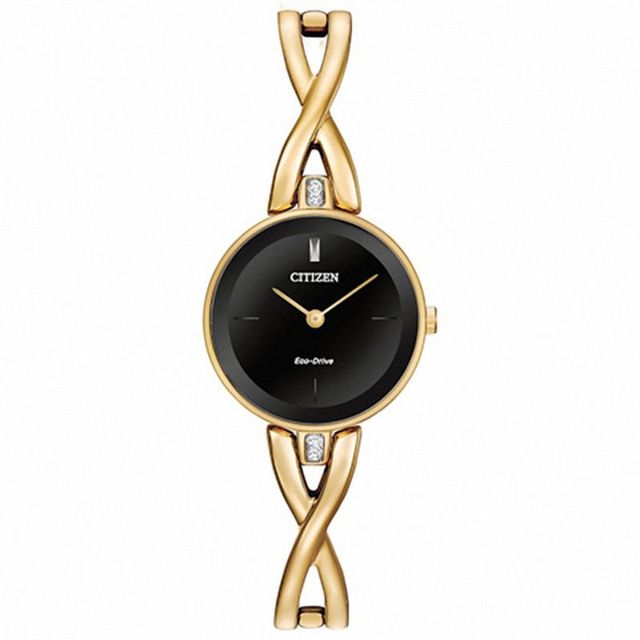 Ladies' Citizen Eco-Drive® Silhouette Crystal Gold-Tone Bangle Watch With Black Dial (Model: EX1422-54E)|Peoples Jewellers