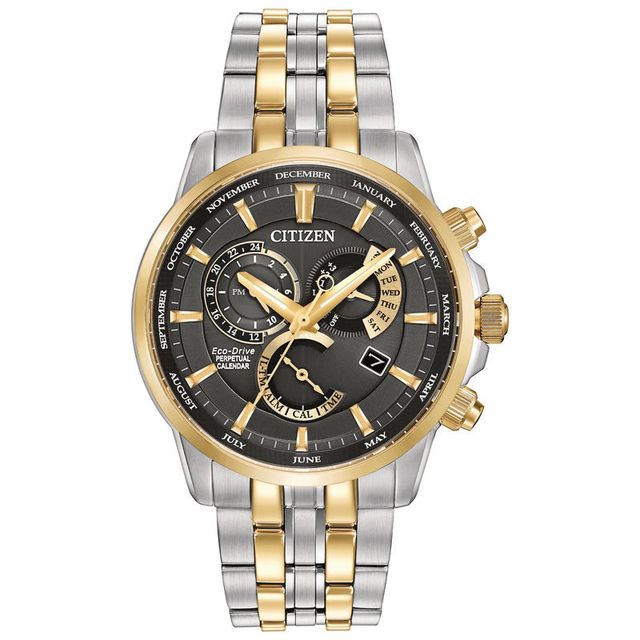 Men's Citizen Eco-Drive® Calibre 8700 Perpetual Calendar Two-Tone Watch with Black Dial (Model: BL8144-54H)|Peoples Jewellers