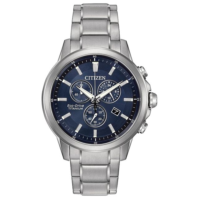 Men's Citizen Eco-Drive® TI + IP Titanium Chronograph Watch with Dark Blue Dial (Model: AT2340-56L)|Peoples Jewellers