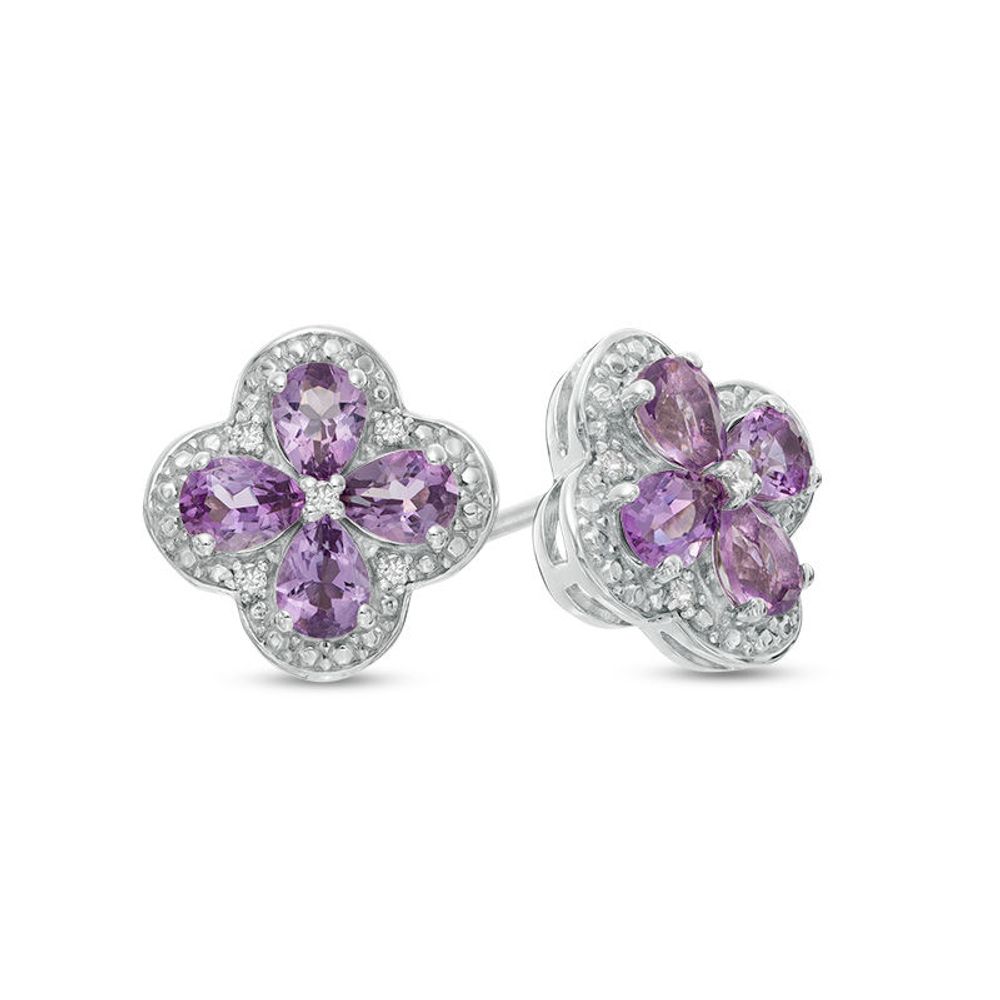 Pear-Shaped Amethyst and Lab-Created White Sapphire Clover Stud Earrings in Sterling Silver|Peoples Jewellers
