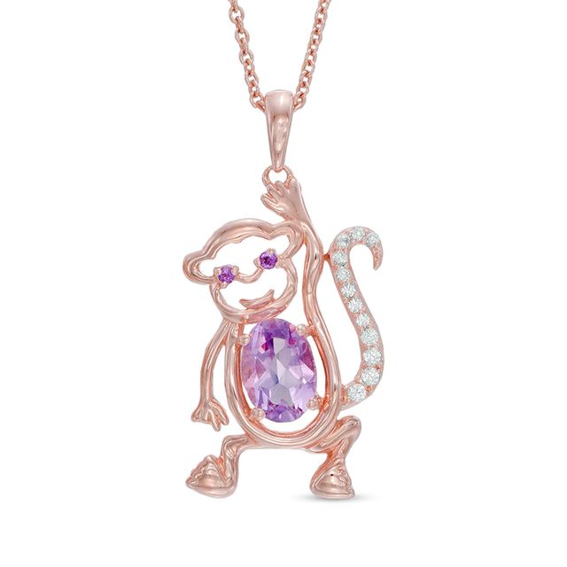 Oval Rose de France Amethyst and Lab-Created White Sapphire Monkey Pendant in Sterling Silver with 14K Rose Gold Plate