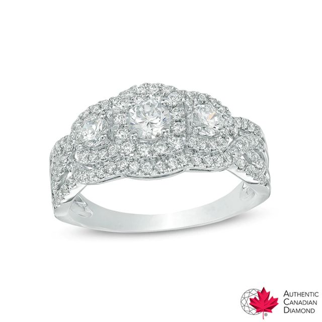 0.95 CT. T.W. Certified Canadian Diamond Three Stone Frame Engagement Ring in 14K White Gold (I/I2)|Peoples Jewellers