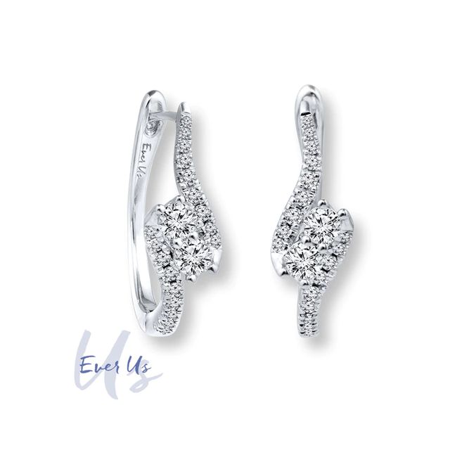 Ever Us™ CT. T.W. Two-Stone Diamond Bypass Hoop Earrings in 14K White Gold|Peoples Jewellers