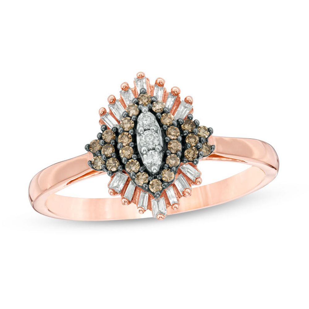 0.25 CT. T.W. Composite Champagne and White Diamond Marquise Sunburst Frame Ring in 10K Rose Gold|Peoples Jewellers