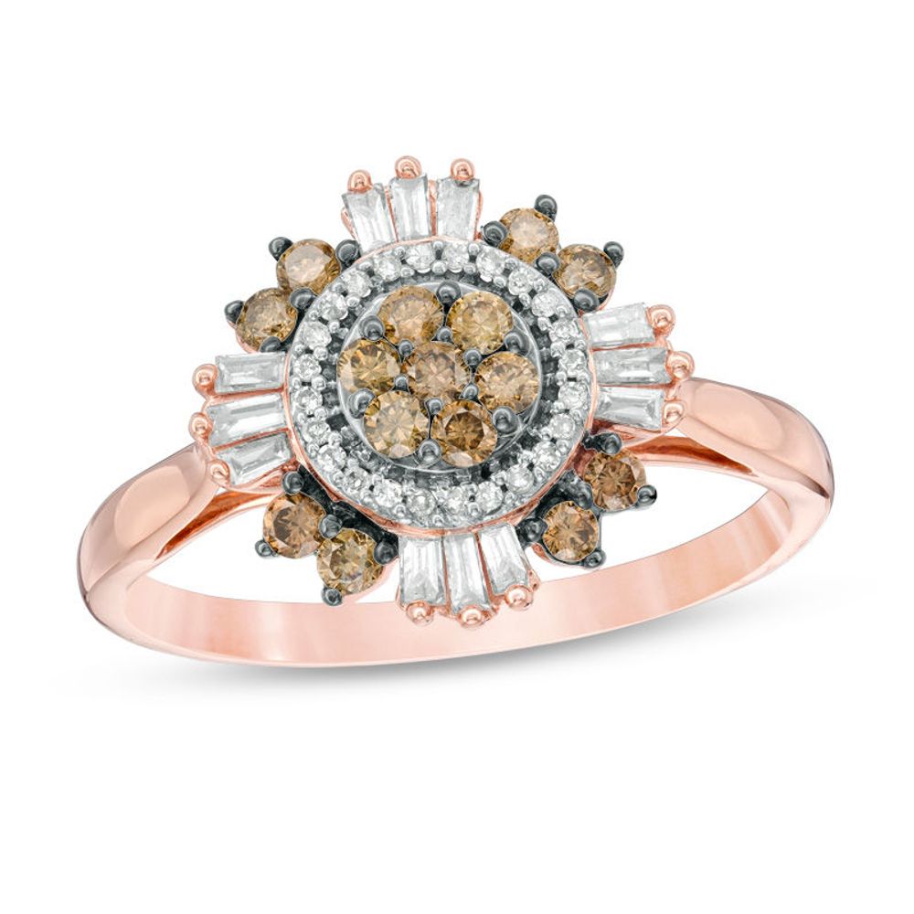 0.50 CT. T.W. Composite Champagne and White Diamond Sunburst Frame Ring in 10K Rose Gold|Peoples Jewellers