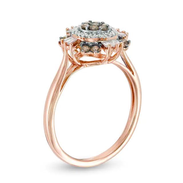 0.50 CT. T.W. Composite Champagne and White Diamond Sunburst Frame Ring in 10K Rose Gold