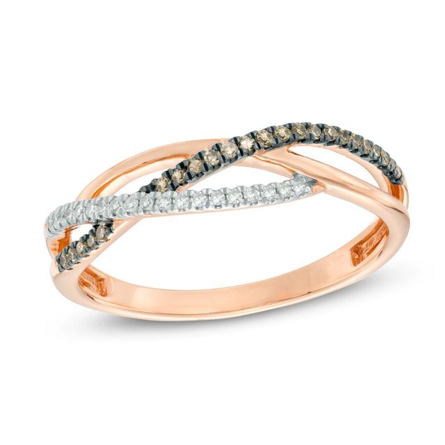 0.15 CT. T.W. Champagne and White Diamond Crossover Ring in 10K Rose Gold|Peoples Jewellers