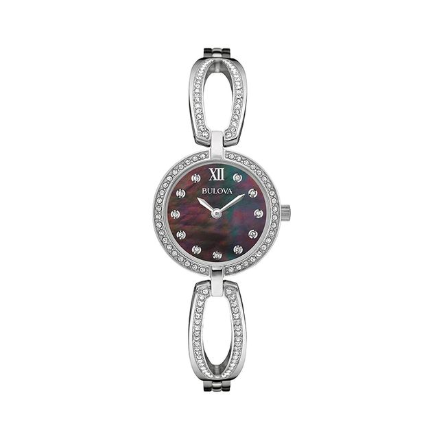 Ladies' Bulova Crystal Accent Bangle Watch with Black Mother-of-Pearl Dial (Model: 96L224)