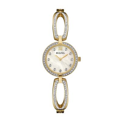 Ladies' Bulova Crystal Collection Gold-Tone Watch with Mother-of-Pearl Dial (Model: 98L225)|Peoples Jewellers