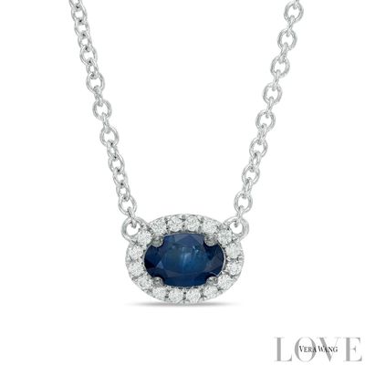 Vera Wang Love Collection Oval Blue Sapphire and 0.09 CT. T.W. Diamond Frame Necklace in 14K White Gold|Peoples Jewellers