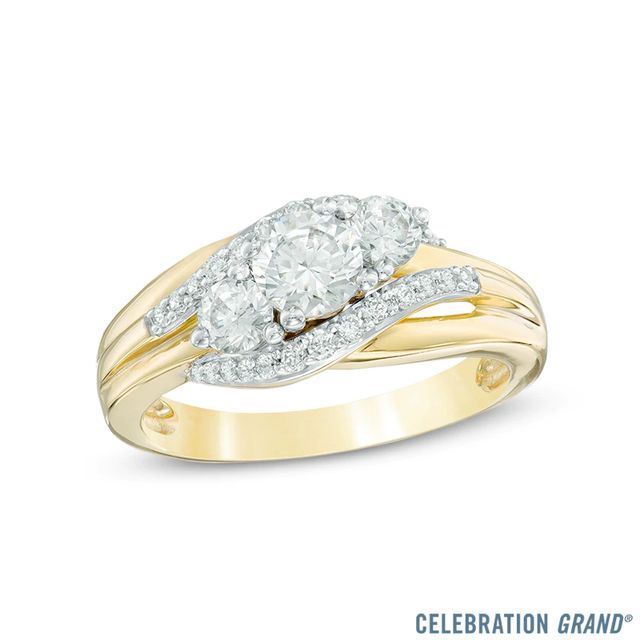 Celebration Canadian Ideal 1.00 CT. T.W. Certified Diamond Three Stone Slant Engagement Ring in 14K Gold (I/I1)|Peoples Jewellers