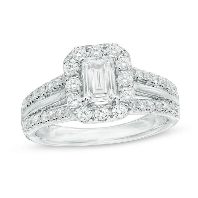 Celebration Canadian Ideal 1.50 CT. T.W. Emerald-Cut Certified Diamond Octagonal Frame Engagement Ring in 14K White Gold (I/I1)|Peoples Jewellers