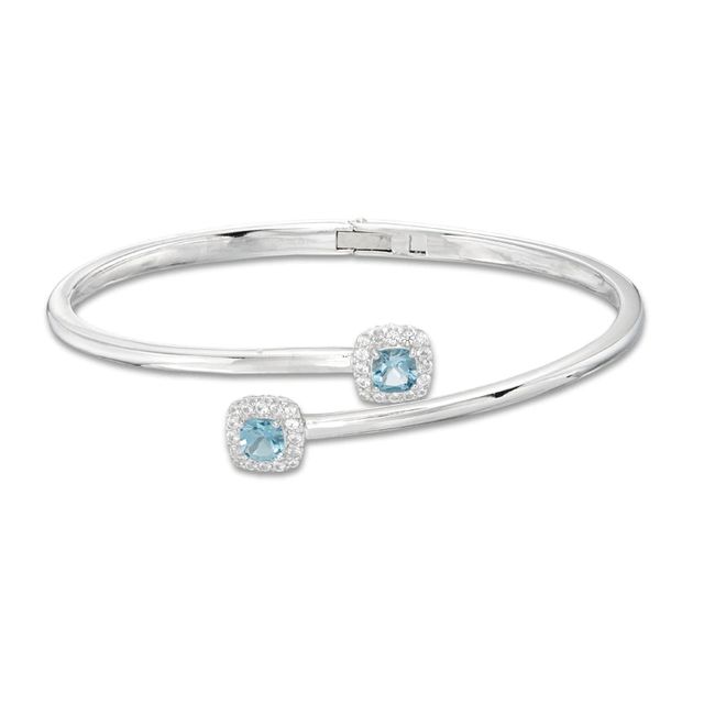 5.0mm Cushion-Cut Swiss Blue Topaz and Lab-Created White Sapphire Hinged Bypass Bangle in Sterling Silver - 7.25"|Peoples Jewellers