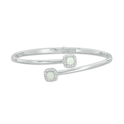 5.0mm Cushion-Cut Lab-Created Opal and White Sapphire Frame Bypass Bangle in Sterling Silver - 7.25"|Peoples Jewellers