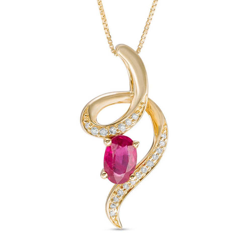 Oval Ruby and Diamond Accent Looping Ribbon Pendant in 10K Gold|Peoples Jewellers