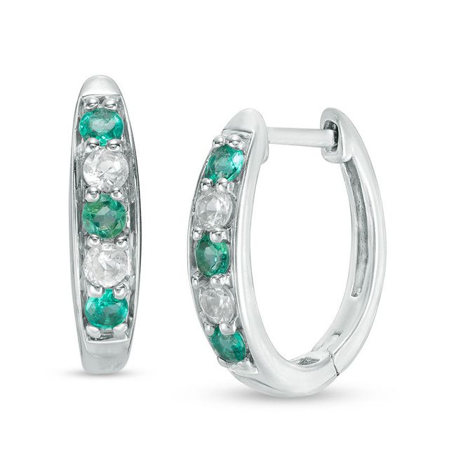 Lab-Created Emerald and White Sapphire Hoop Earrings in Sterling Silver