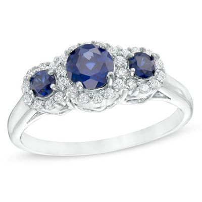 5.0mm Lab-Created Blue and White Sapphire Frame Three Stone Ring in 10K White Gold|Peoples Jewellers
