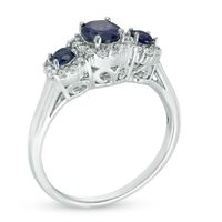 5.0mm Lab-Created Blue and White Sapphire Frame Three Stone Ring in 10K White Gold|Peoples Jewellers