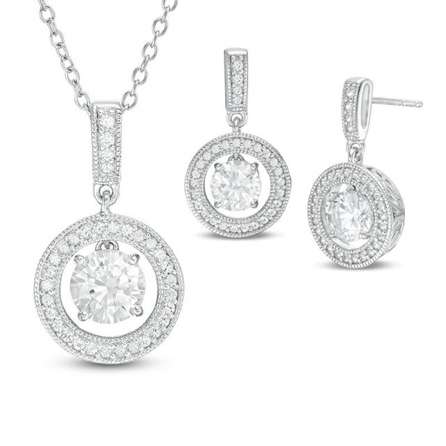 Lab-Created White Sapphire Frame Pendant and Drop Earrings Set in Sterling Silver|Peoples Jewellers