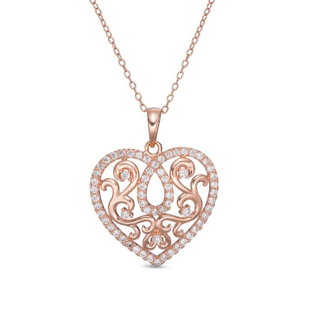 Lab-Created White Sapphire Scroll Heart Pendant in Sterling Silver with 18K Rose Gold Plate|Peoples Jewellers