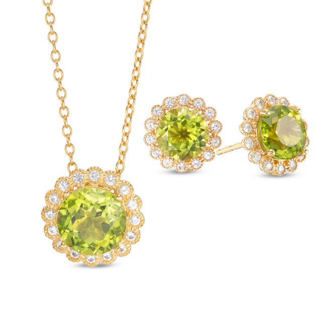 Peridot and Lab-Created White Sapphire Flower Frame Pendant and Earrings Set in Sterling Silver with 18K Gold Plate|Peoples Jewellers