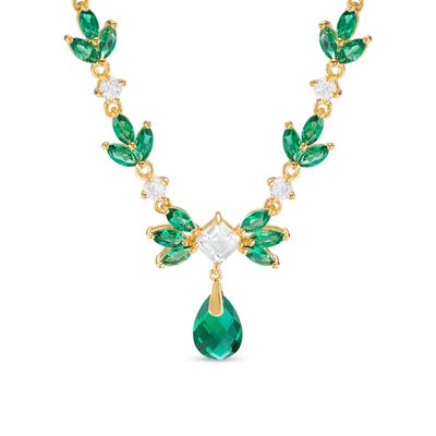 Lab-Created Green Quartz and White Sapphire Floral Necklace in Sterling Silver with 18K Gold Plate - 17"|Peoples Jewellers