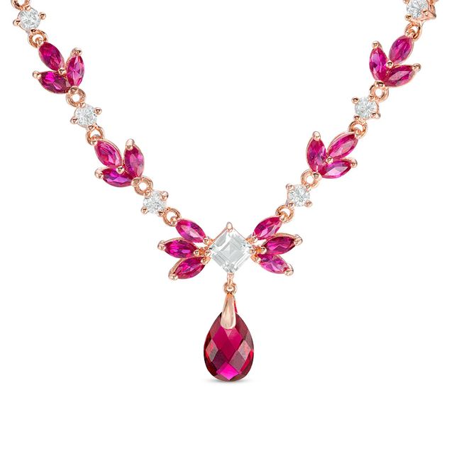 Lab-Created Ruby and White Sapphire Floral Necklace in Sterling Silver with 18K Rose Gold Plate - 17"|Peoples Jewellers