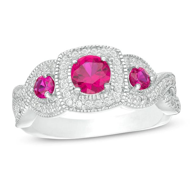 Lab-Created Ruby and White Sapphire Three Stone Frame Twist Ring in Sterling Silver|Peoples Jewellers