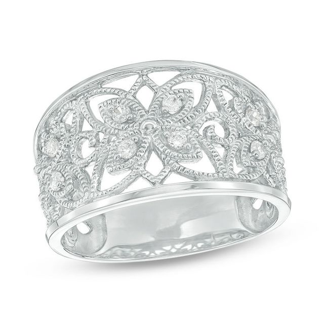 0.15 CT. T.W. Diamond Vintage Style Flower Ring in Sterling Silver|Peoples Jewellers