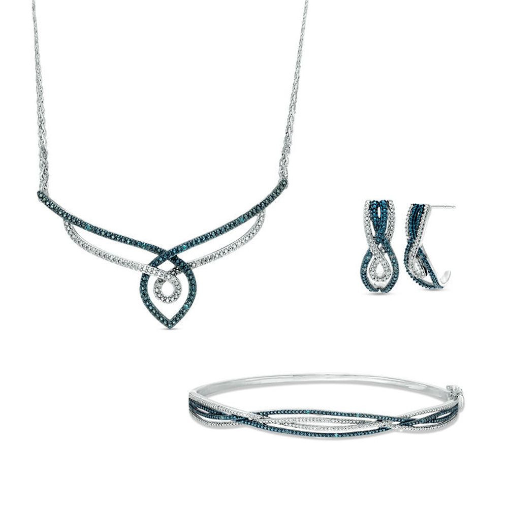 0.10 CT. T.W. Enhanced Blue and White Diamond Twist Necklace, Drop Earrings, and Bangle Set in Sterling Silver|Peoples Jewellers