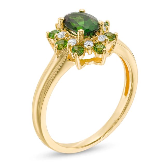 Oval Chrome Diopside and 0.12 CT. T.W. Diamond Flower Frame Ring in 10K Gold|Peoples Jewellers