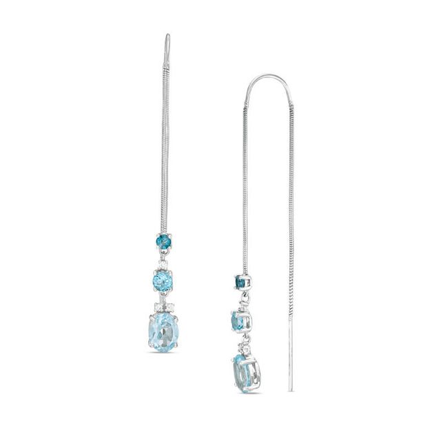 Blue Topaz and Lab-Created White Sapphire Three Stone Threader Drop Earrings in Sterling Silver|Peoples Jewellers