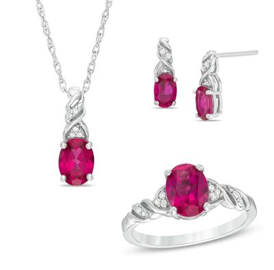 Oval Lab-Created Ruby and White Sapphire Pendant, Ring and Earrings Set in Sterling Silver - Size 7|Peoples Jewellers