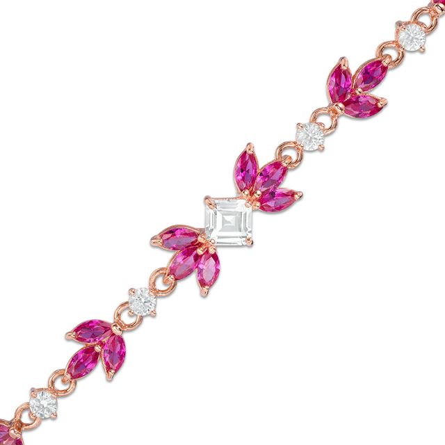 Lab-Created Ruby and White Sapphire Flower Bracelet in Sterling Silver and 18K Rose Gold Plate - 7.25"|Peoples Jewellers