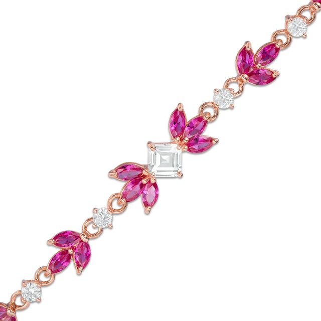 Lab-Created Ruby and White Sapphire Flower Bracelet in Sterling Silver and 18K Rose Gold Plate - 7.25"