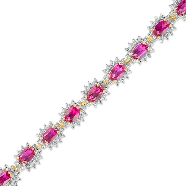 Oval Lab-Created Ruby and Diamond Accent Sunburst Frame Bracelet in Sterling Silver with 18K Gold Plate - 7.5"|Peoples Jewellers