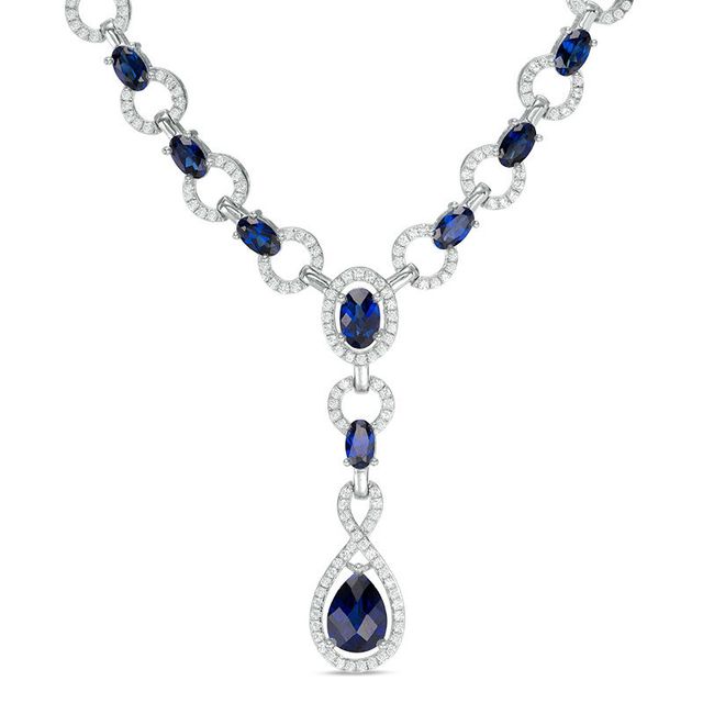Pear-Shaped Lab-Created Blue and White Sapphire "Y" Link Necklace in Sterling Silver - 17"|Peoples Jewellers