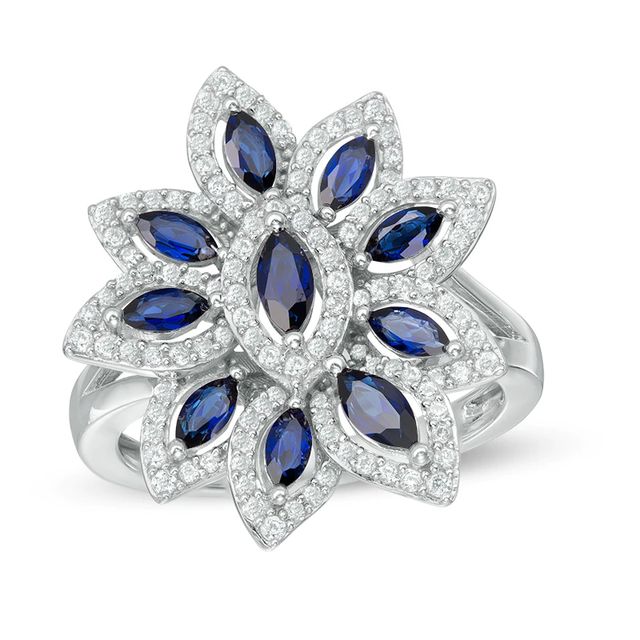 Lab-Created Blue and White Sapphire Flower Ring in Sterling Silver|Peoples Jewellers