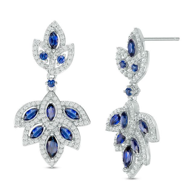 Lab-Created Blue and White Sapphire Floral Drop Earrings in Sterling Silver|Peoples Jewellers