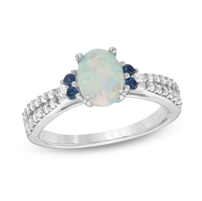 Oval Lab-Created Opal, Blue and White Sapphire Tri-Sides Ring in Sterling Silver|Peoples Jewellers
