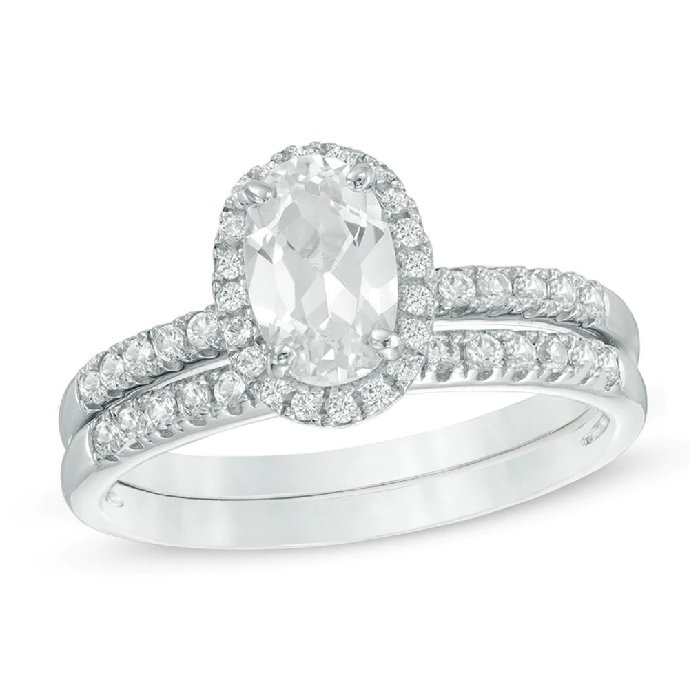 Oval Lab-Created White Sapphire Frame Bridal Set in Sterling Silver|Peoples Jewellers