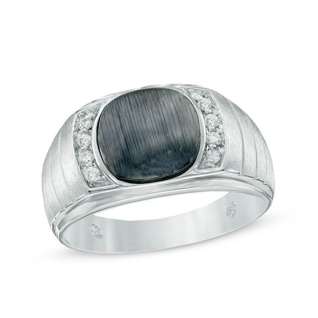 Men's 10.0mm Cushion-Cut Grey Cat's Eye and 0.15 CT. T.W. Diamond Ring in Sterling Silver|Peoples Jewellers