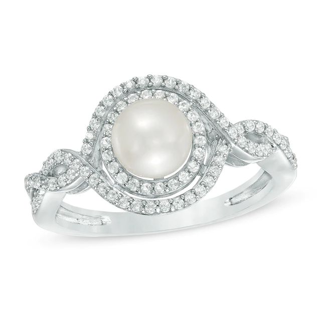6.0mm Freshwater Cultured Pearl and Lab-Created White Sapphire Double Frame Ring in Sterling Silver|Peoples Jewellers