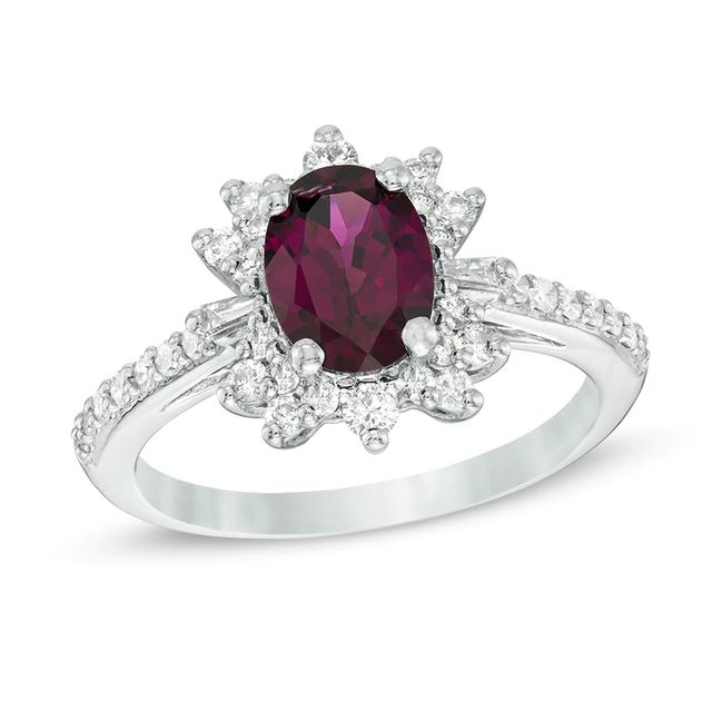 Oval Rhodolite Garnet and Lab-Created White Sapphire Starburst Frame Ring in 10K White Gold|Peoples Jewellers