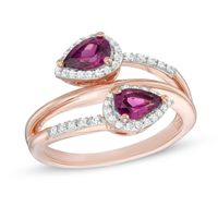 Pear-Shaped Rhodolite Garnet and Lab-Created White Sapphire Frame Bypass Ring in 10K Rose Gold|Peoples Jewellers